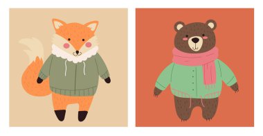 Sonbahar hayvanları, baykuş, tilki, ayı, kirpi, izole edilmiş sıcak bez seti. Vektör tasarımı grafik illüstrasyonu