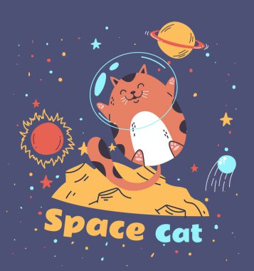 Uzay çizgisinde süzülen kedi astronot basit izole bir konsepti özetliyor. Vektör tasarımı grafik illüstrasyonu