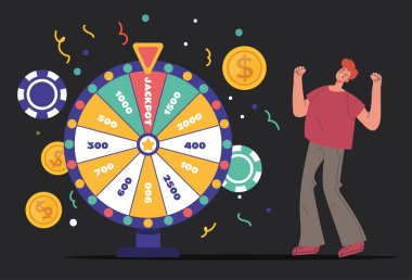 İnsanlar büyük ikramiyeyi kazanırlar. Kumarhane posterleri konsepti. Vektör grafik tasarımı illüstrasyonu