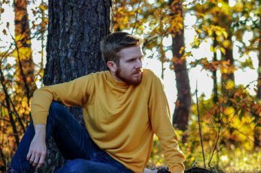 A bearded young man looks away while sitting on the ground in an autumn forest 