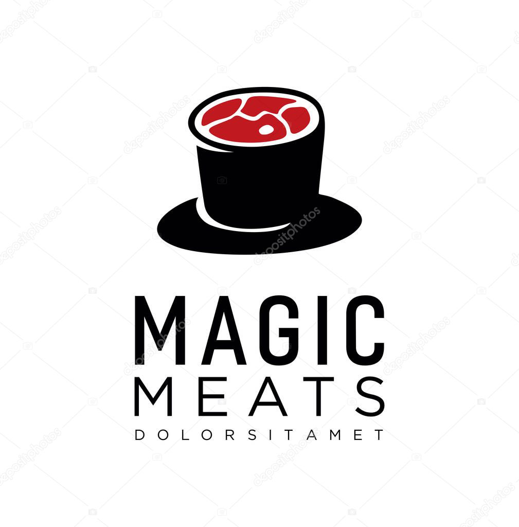 Premium and fresh meat logo design shape magic hat and meat