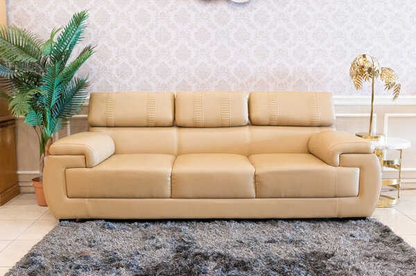 long cream sofa and gray fluffy carpet