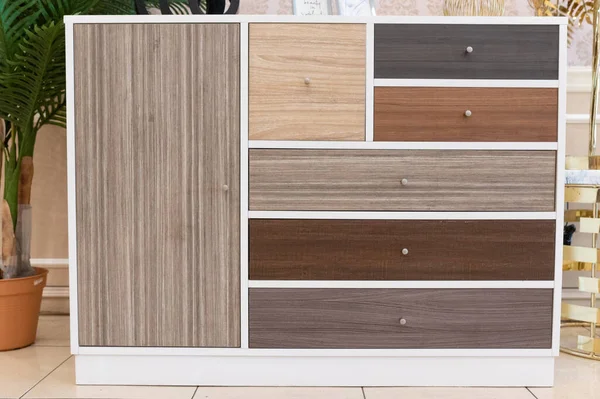 Dřevěná Skříňka Několika Zásuvkami Dřevěnou Texturou — Stock fotografie