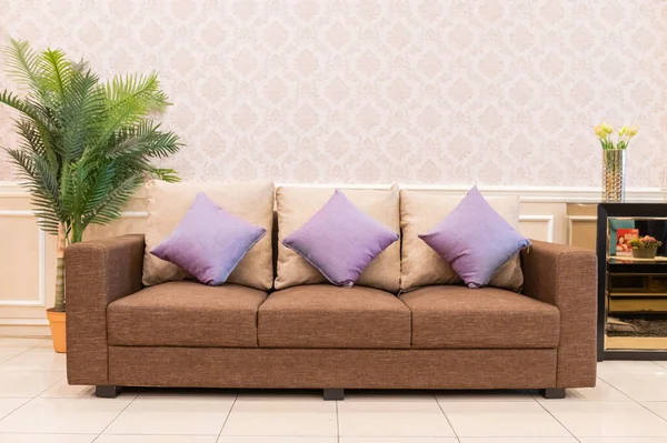 Braunes Sofa Mit Violetten Kissen Auf Pflanzlichem Hintergrund — Stockfoto