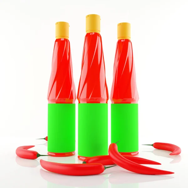 3 bottles of sauce with scattered chilies, white and glossy screen