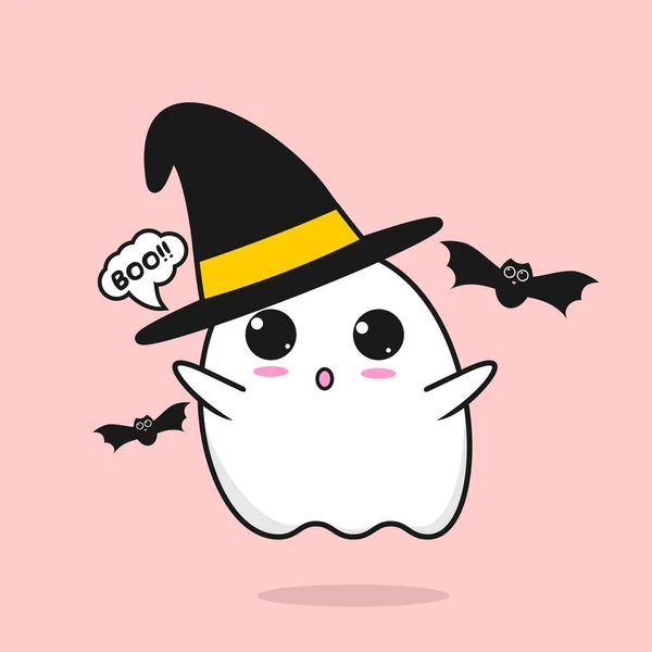 Cartone Animato Fantasma Carino Cappello Halloween Pipistrello Carino — Vettoriale Stock