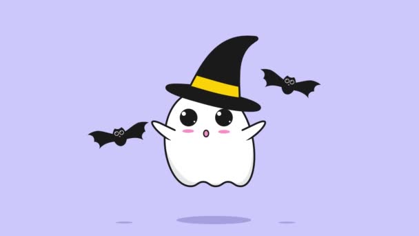 Мультяшный Милый Призрак Шляпе Хэллоуина Милая Летучая Мышь Анимационное Видео — стоковое видео