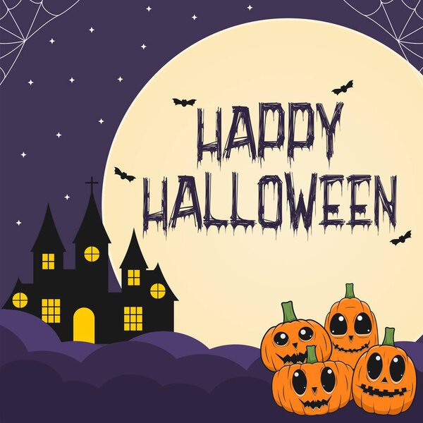 halloween design with 4 pumpkins, moon and haunted house with dark purple color theme