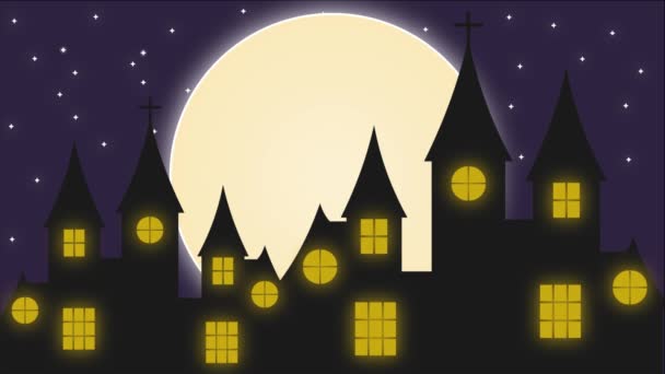Boldog Halloween Animáció Kísértetjárta Ház Design Repülő Denevérek Hold — Stock videók