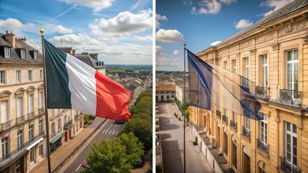 stock image French and European Flags Waving Over City Streets