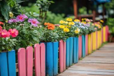 Colorful flowerpots line a vibrant painted wooden fence clipart