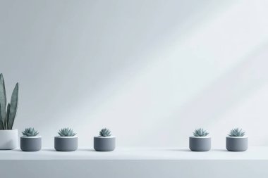 Minimalist grey pots with succulents on white shelf clipart