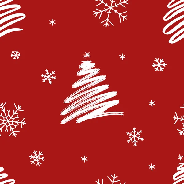 Weihnachten Nahtlose Muster Symbole Auf Rotem Hintergrund Mit Dekorativen Weihnachtsbäumen — Stockvektor