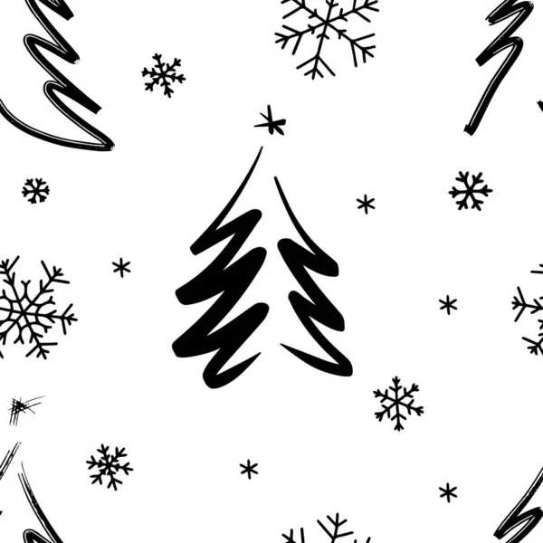 Απρόσκοπτη Χριστουγεννιάτικο Φόντο Διακοσμητικά Χριστουγεννιάτικα Δέντρα Και Νιφάδες Χιονιού Μονόχρωμη — Διανυσματικό Αρχείο