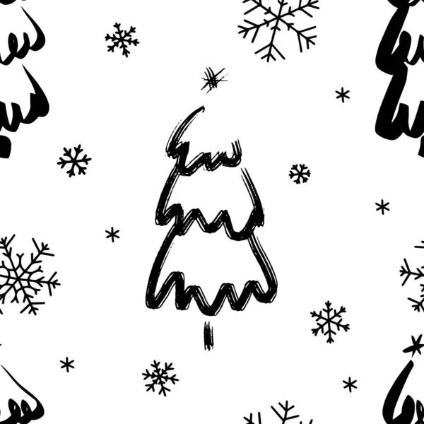 Απρόσκοπτη Χριστουγεννιάτικο Φόντο Διακοσμητικά Χριστουγεννιάτικα Δέντρα Και Νιφάδες Χιονιού Μονόχρωμη — Διανυσματικό Αρχείο