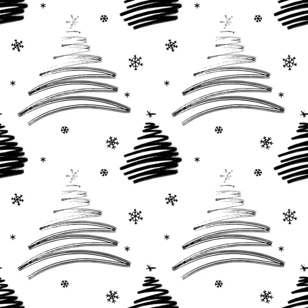 Bezešvé Vánoční Pozadí Dekorativními Vánoční Stromky Sněhové Vločky Monochromatické — Stockový vektor