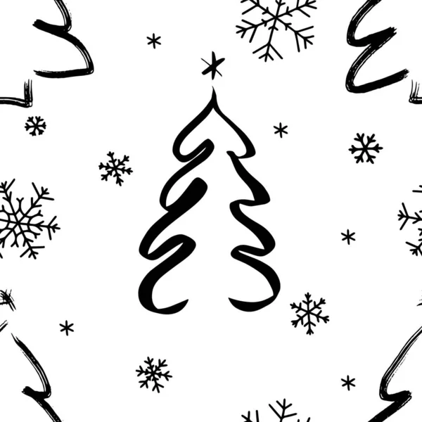 Naadloze Kerstachtergrond Met Decoratieve Kerstbomen Sneeuwvlokken Monochroom — Stockvector