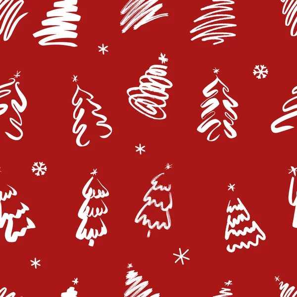 stock vector Christmas seamless pattern icons on red background with decorative Christmas trees and snowflakes. vector