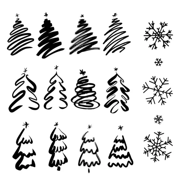 Různé Vánoční Stromky Sněhové Vločky Zimní Les Nový Rok Set — Stockový vektor