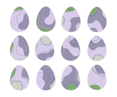 Set of 12 color Easter Eggs with pattern. Design elements for holiday cards. Cartoon flat style Vector illustration.