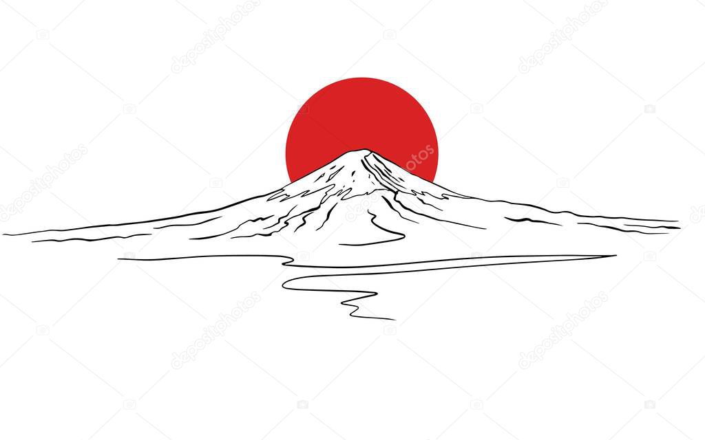 Mount Fuji and the red sun silhouette.