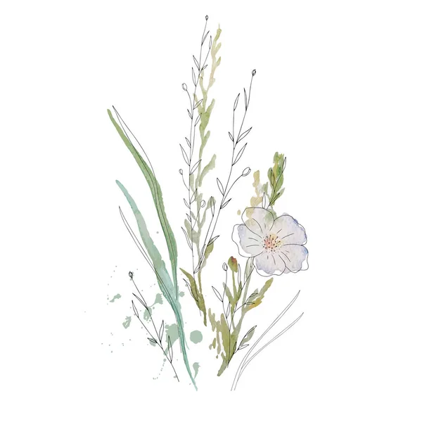 乾燥草の花の花束 フレーム 野生の花 ハーブの境界線の水彩画で描かれた 白色に隔離された植物性のBoho要素 結婚式招待状挨拶カード印刷 — ストックベクタ