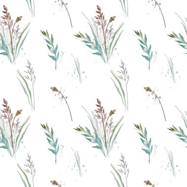 Çayır yaban çiçeğinin kusursuz vektör deseni, suluboya. Boho botanik çiçek geçmişi. Hassas tarla çiçeği ve bitki çizimi, süs