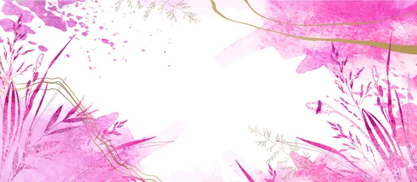 现代抽象的水平植物粉红背景向量 色彩艳丽的墙纸 色彩艳丽 色彩艳丽 草本植物 金黄色 印刷品 墙壁装饰的最小设计 — 图库矢量图片