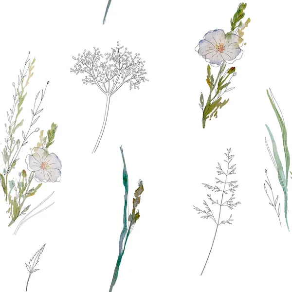 草原の野生の花のシームレスなベクトルパターン ボホール植物の花の背景 繊細なフィールドの花やハーブのイラスト — ストックベクタ