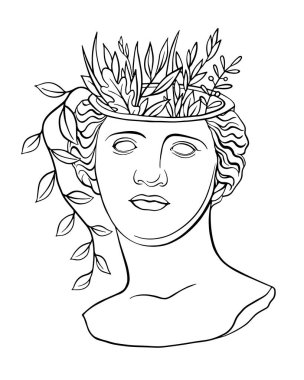 Afrodit Venüs 'ün başındaki heykel modayla moda, yeni retro. Çizgi çizimi ve çiçek unsurları. Antik Yunan tanrısının heykeli. Roma antik heykeli. Çağdaş Doğrusal Sanat