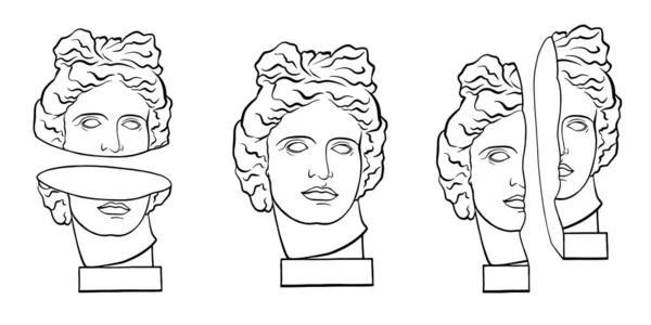 Set Vorhanden Verschiedene Gipsköpfe Zieren Die Apollo Statue Handgezeichneter Stildruck — Stockfoto