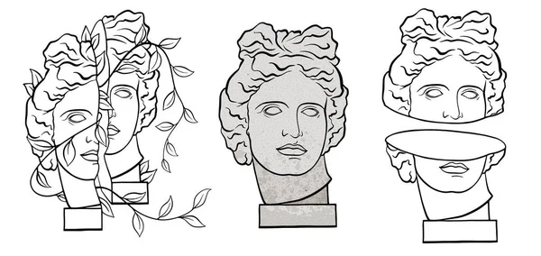 古代ギリシャの神の神話の英雄の彫刻 古典的なアポロのバストと頭の黒と白のイラスト ユニークなアートワーク ラインアート — ストック写真