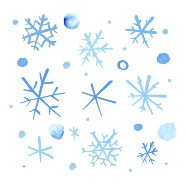 El çizimi karalamalar, beyaz arka planda izole edilmiş suluboya kar taneleri. Vektör illüstrasyonu