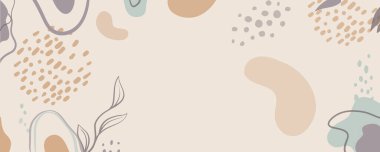 Soyut arkaplan vektörü. Minimalizm tarzında duvar kâğıdı, elle çizilmiş çeşitli figürler ve karalamalar. Modern moda vektör çizimleri. Pankart, poster, ağ ve paketleme için vektör arkaplanı.