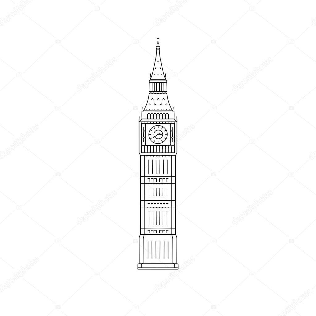 Vector illustration of Big Ben in black and white sketch style, English clock tower
