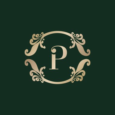 Lüks dekoratif Altın Çerçeveli P harfi alfabesi logosu. Zarif Curl Çiçek Süslemesi. 