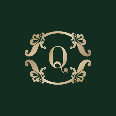 Lüks dekoratif Altın Çerçeveli Q harfi logosu. Zarif Curl Çiçek Süslemesi. 