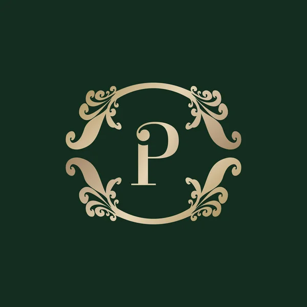 高級装飾ゴールデンフレームと文字Pアルファベットのロゴ エレガントなカールの花の装飾 — ストックベクタ
