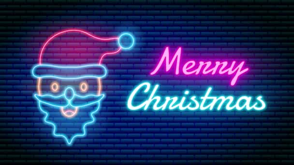 Glowing Neon Santa Claus Dark Brick Wall Background — Stock Video