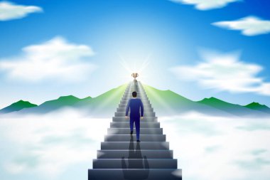 Parlak ışıkla kaplı bir dağın tepesindeki bir kupaya tırmanan insanların resmi.