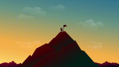 Alacakaranlık atmosferindeki bir dağın zirvesinde bayrak tutan bir adamın silüeti. Hareketli video illüstrasyonu