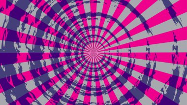 Alternatif pembe, mor ve gri kareli desenleri olan canlı, hipnotik bir tünel merkezden yayılıyor, baş döndürücü, girdap benzeri bir illüzyon yaratıyor. Soyut bileşim derinlik ve hareket iletir.