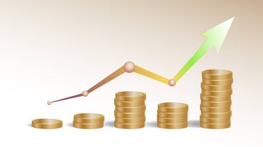 Artan ok grafiği ile bir yığın altın madeni paranın 3 boyutlu bir çizimi, finansal büyüme ve başarıyı simgeliyor