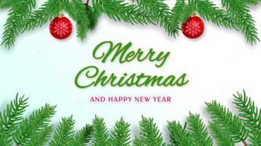 Çam ağacı dalları, düşen kar taneleri ve Noel balosu süslemeleriyle Sıcak Mutlu Noeller Hareketi Grafik Videosu