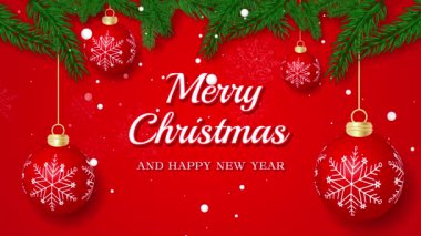 Kırmızı arkaplanlı, çam ağacı dalları, kar yağışı ve Noel balosu süslemeleri olan Mutlu Noeller videosu