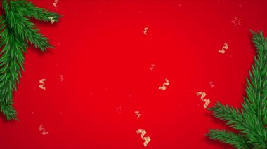 Düşen Konfeti ve Çam Dalları Animasyonu 4K canlı kırmızı arka plan, animasyon altın konfeti, yıldızlar ve kar taneleri zarifçe düşüyor. Noel, tatil veya özel etkinlik videoları veya sosyal medya içeriği oluşturmak için mükemmel