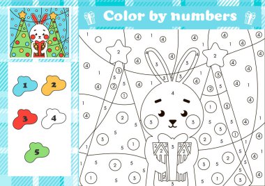 Tavşan karakteri ve Noel ağacı olan çocuklar için Noel numarası boyama sayfası, çizgi film tarzında basılabilir eğitim sayfası