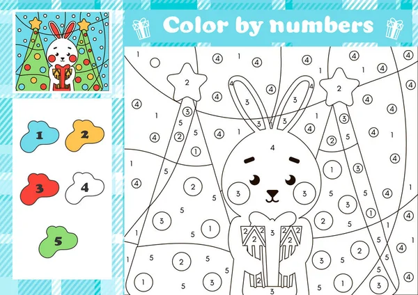 Tavşan karakteri ve Noel ağacı olan çocuklar için Noel numarası boyama sayfası, çizgi film tarzında basılabilir eğitim sayfası