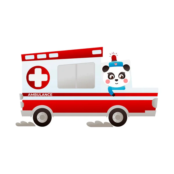 救急車を運転する可愛いパンダ医師 緊急時の動物 病院での治療 漫画風の医学と健康のテーマ — ストックベクタ