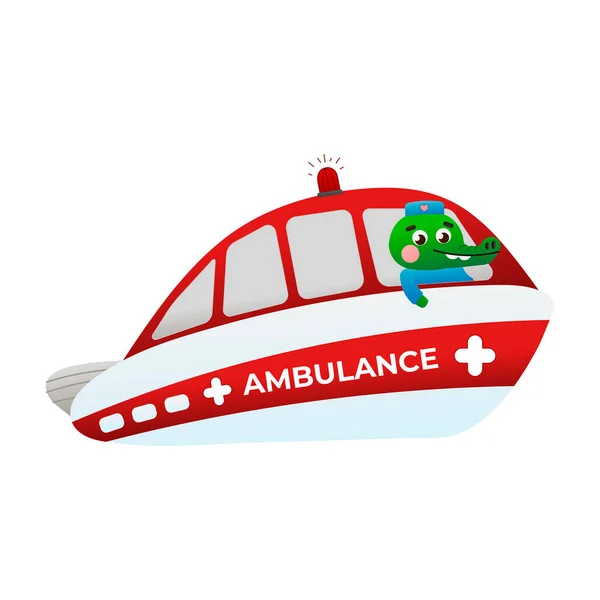 かわいいワニの医師救急車のボート 緊急時の動物 病院での治療 医学と漫画のスタイルで健康のテーマ — ストックベクタ